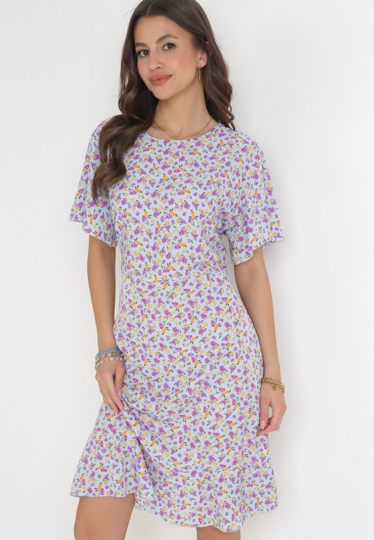 Rochie Albastră Tip cutie cu flori cu volane Temrance