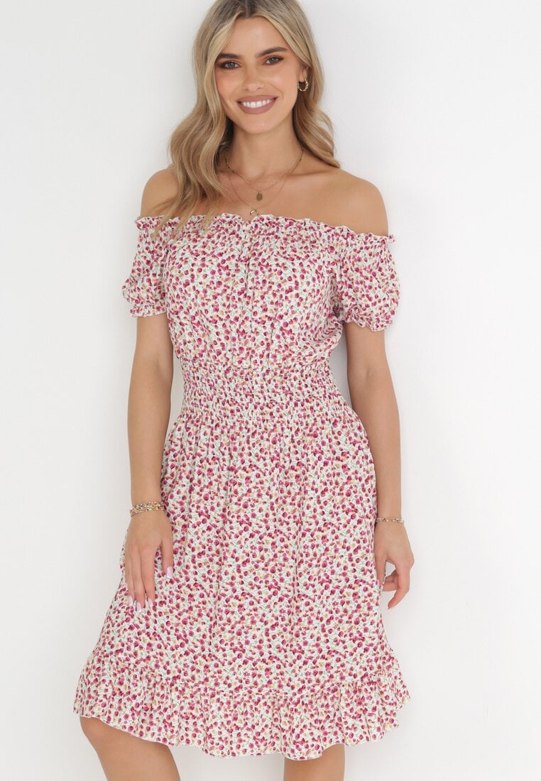 Rochie spaniolă Alb-Roșie din bumbac cu elastic în talie Viliana