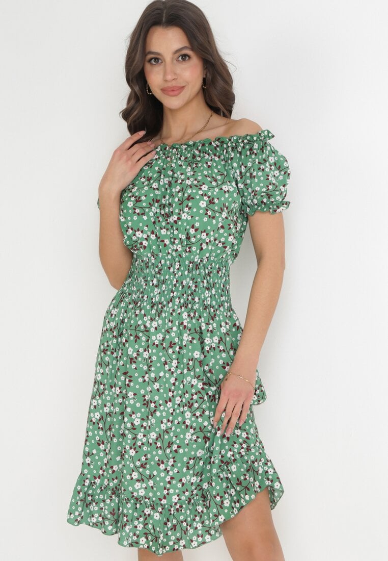 Rochie din bumbac Verde tip spaniolă cu flori cu elastic încrețit în talie Rosaliya