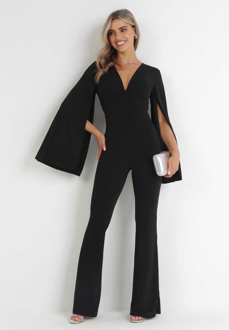 Salopetă neagră lungă cu mâneci largi și spate decupat Dasima