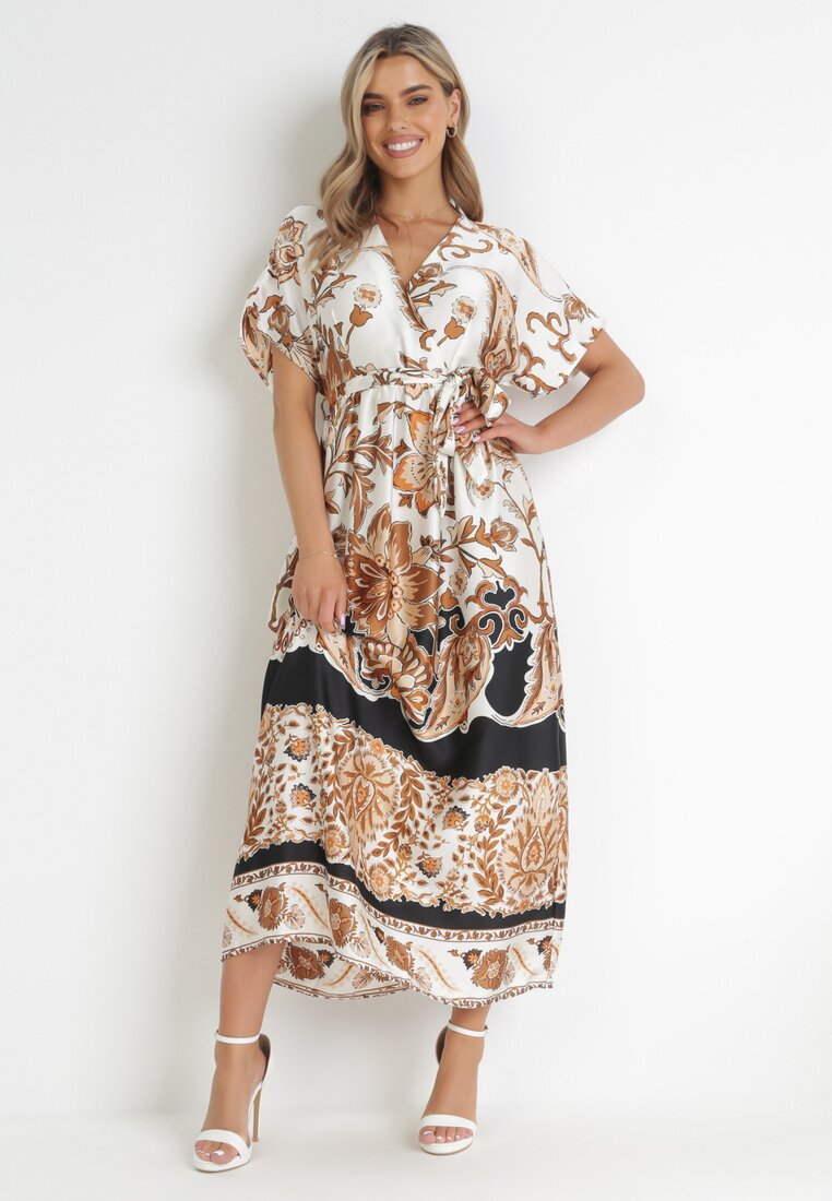 Rochie Maxi Crem-Neagră cu Decolteu Petrecut și Elastic în Talie cu Imprimeu Oriental Sierrina