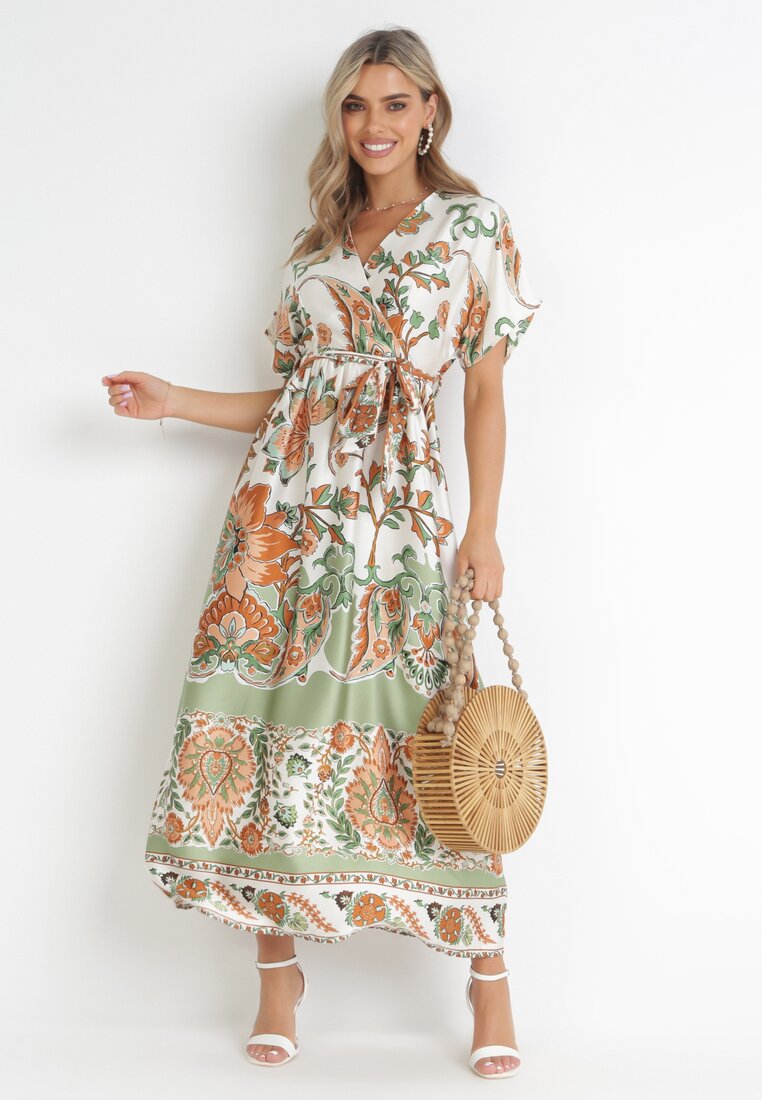 Rochie Verde Maxi cu Decolteu petrecut și Talie elastică cu Imprimeu oriental Sierrina