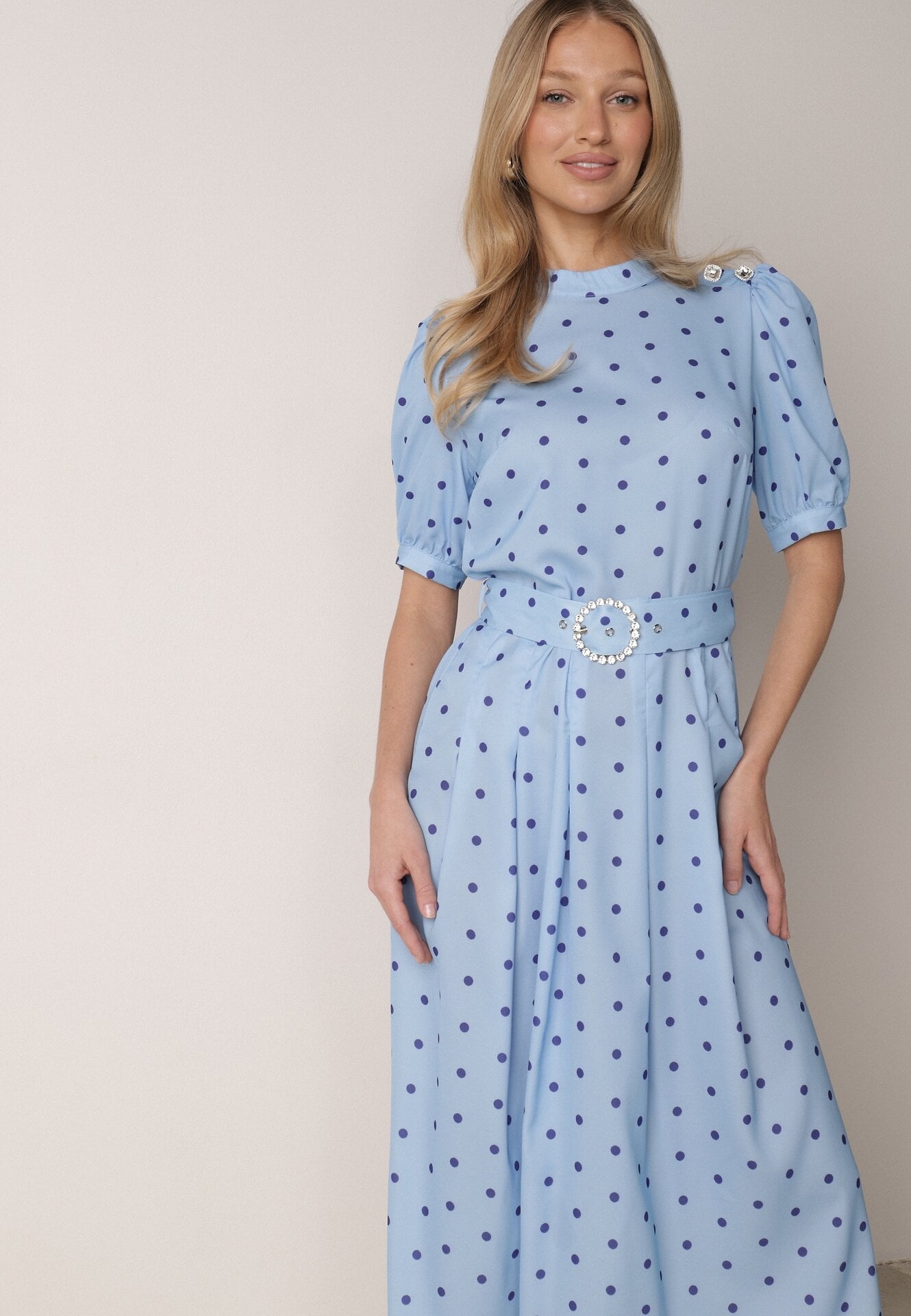 Rochie Midi Albastră cu Elastic în Talie și Curea din Material cu Cataramă Maerali