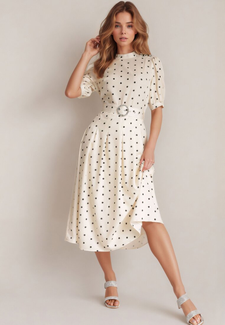 Rochie midi bej deschis cu elastic în talie și curea din material textil cu cataramă Maerali