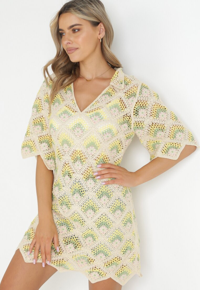 Rochie Mini Cutie Bej-Verde cu Decolteu Adânc din Bumbac Croșetat Cristel
