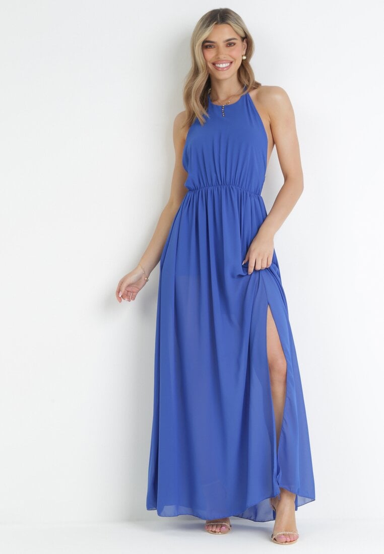 Rochie Cloche Maxi Bleumarin cu Legătură la Gât și Elastic în Talie Mackenta