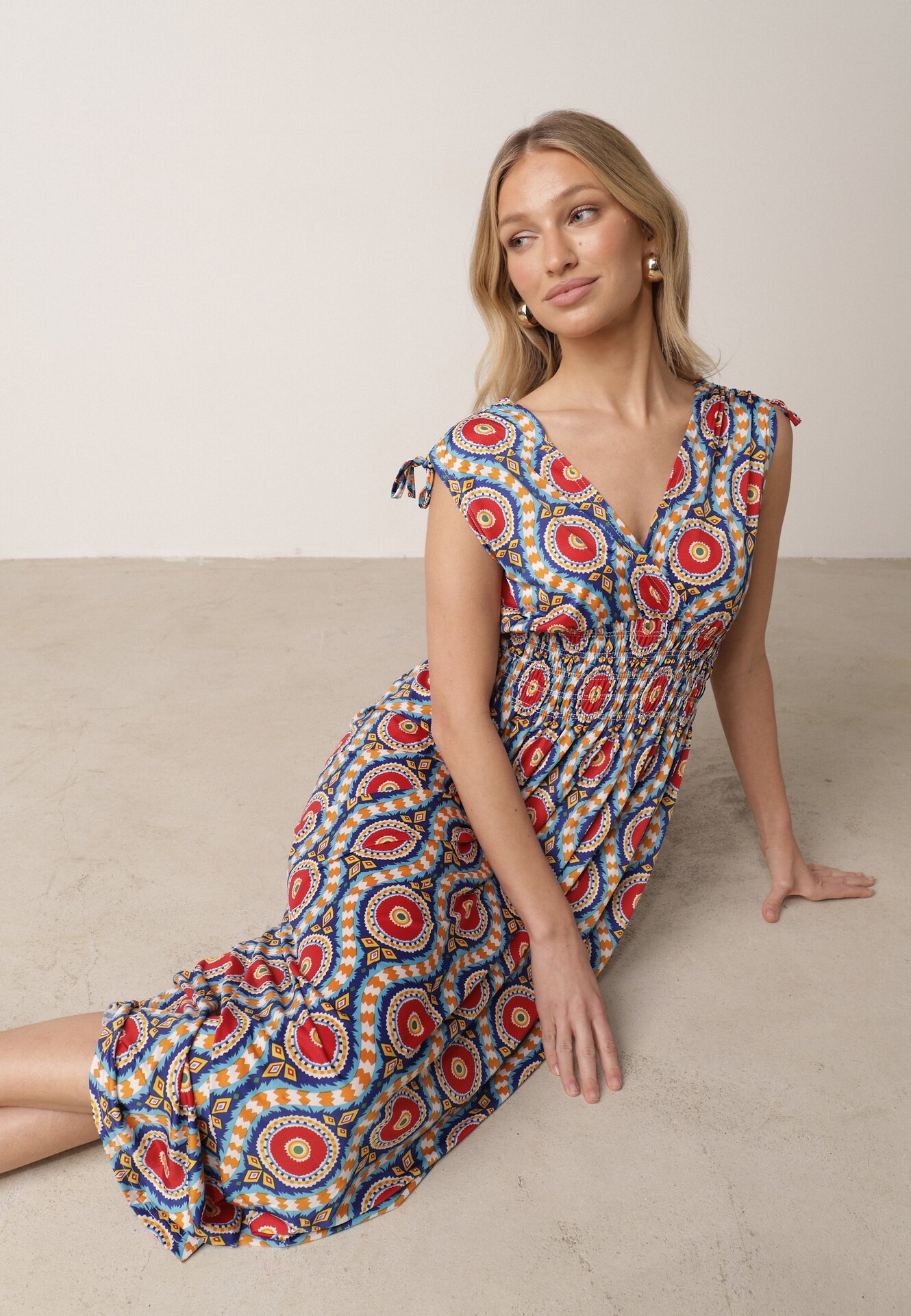 Rochie Albastru-Roșie Cloche Maxi cu elastic în talie Branna