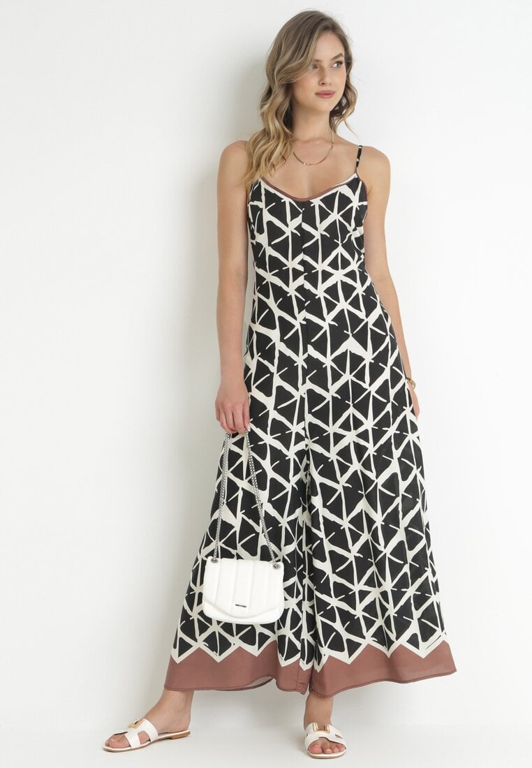 Salopetă Neagră Imprimată cu bretele cu picioare lungi din viscoză Jarie