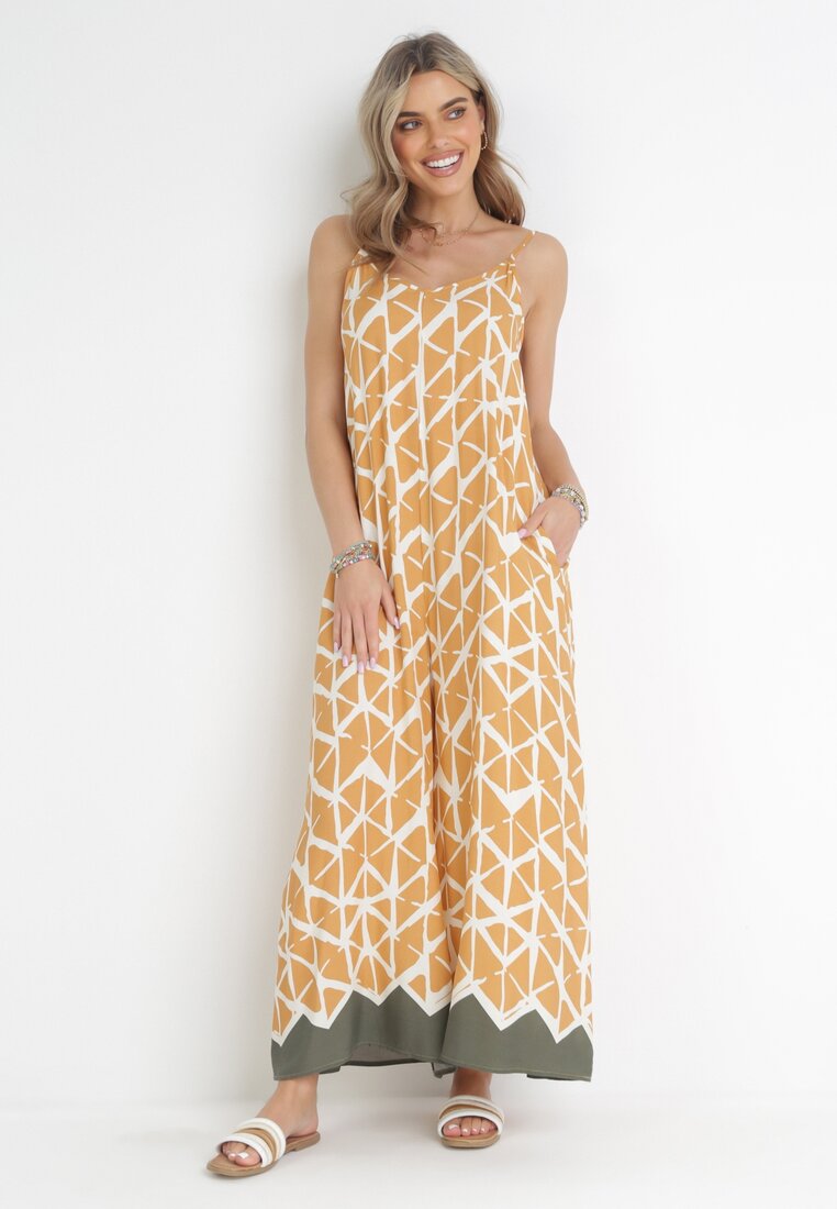 Salopetă maro deschis Imprimată cu bretele, cu picioare lungi, din viscoză Jarie