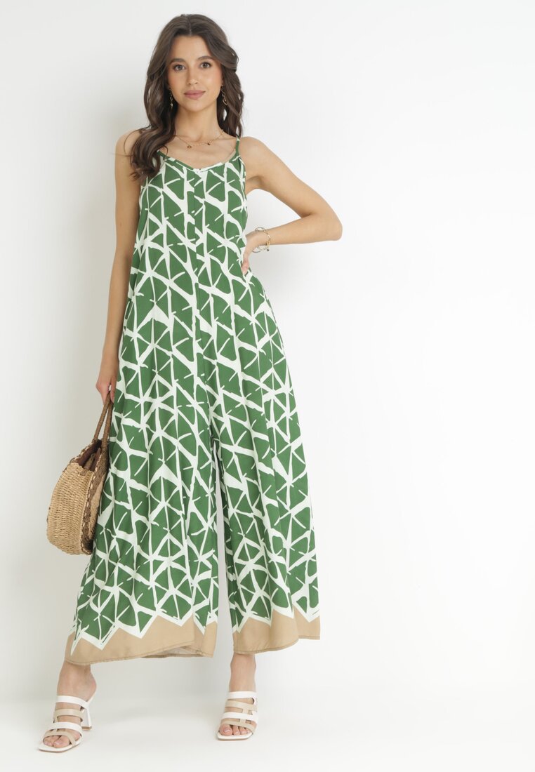 Salopetă Verde Imprimată cu bretele, cu picioare lungi, din viscoză Jarie