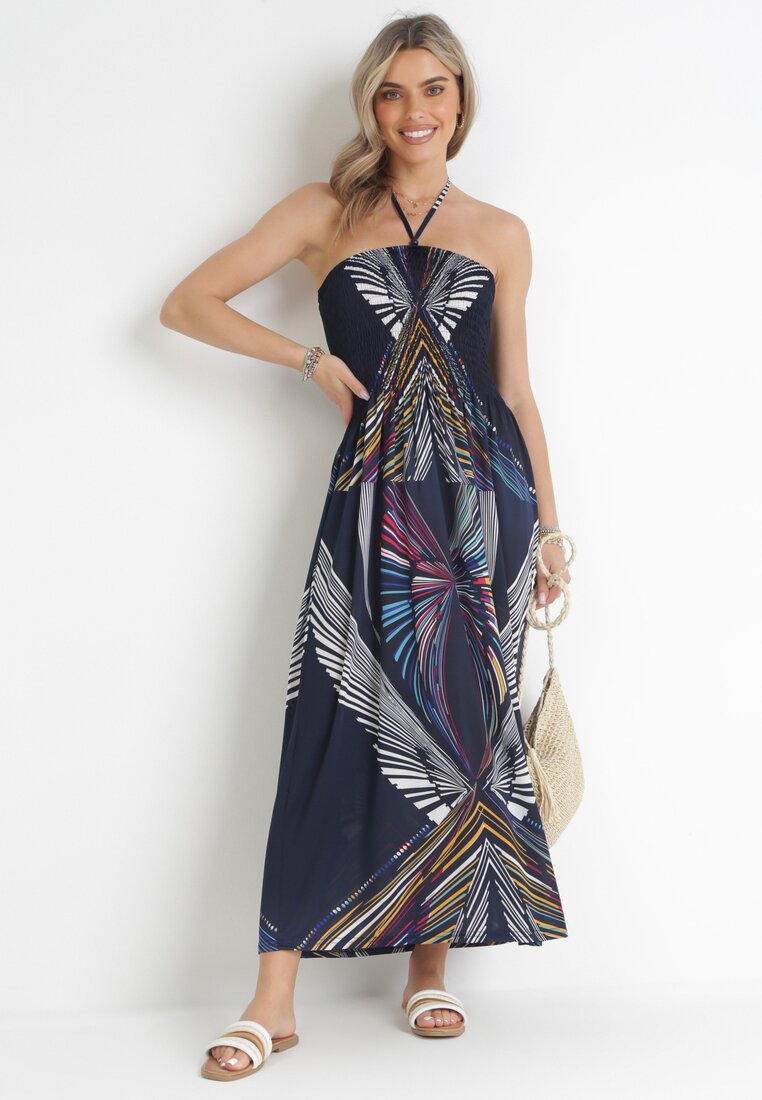 Rochie Bleumarin Evazată Maxi Legată la Gât cu elastic Kytha