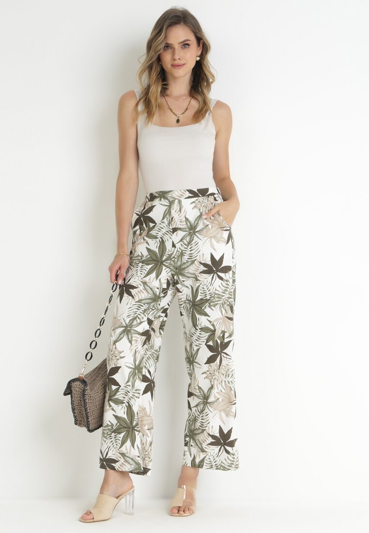 Pantaloni Largi Bej închiși cu Talie Înaltă și Elastic în Talie din Bumbac Eliphne