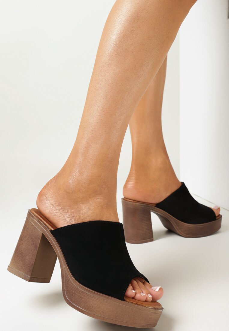 Papuci Saboți Negri cu Toc Bloc cu Baretă Lată Maliha