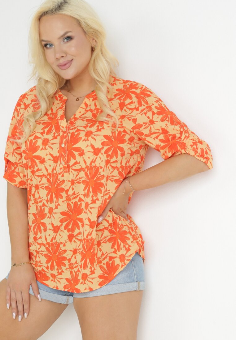 Bluză Portocalie cu Decolteu Triunghiular cu Flori Louseline