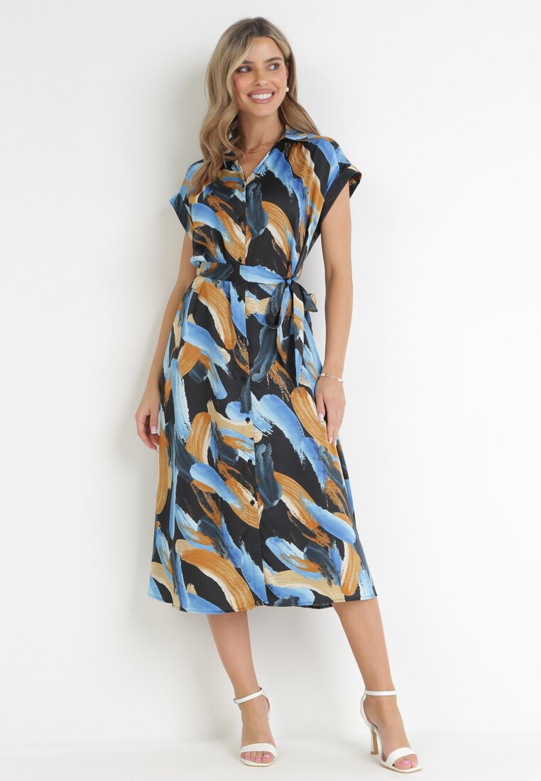 Rochie Negru-Albastră stil cămașă Midi cu cordon din material și mâneci scurte Brala