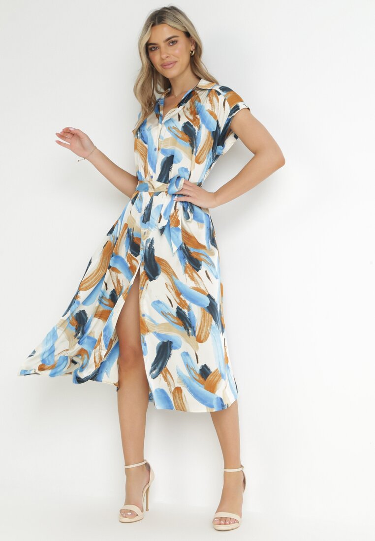 Rochie Cămașă Midi Albastră cu curea din material și mâneci scurte