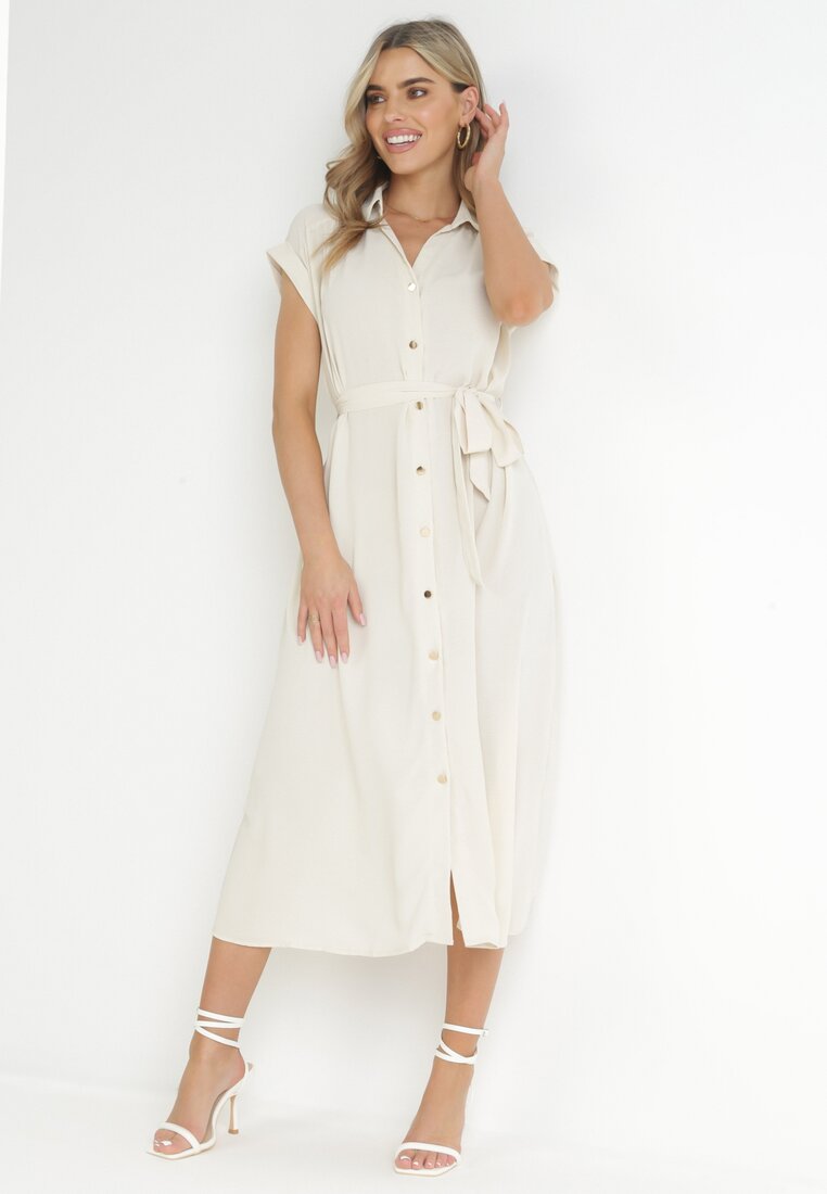 Rochie Cămașă Bej Legată în Talie Cu Mâneci Scurte Clairana