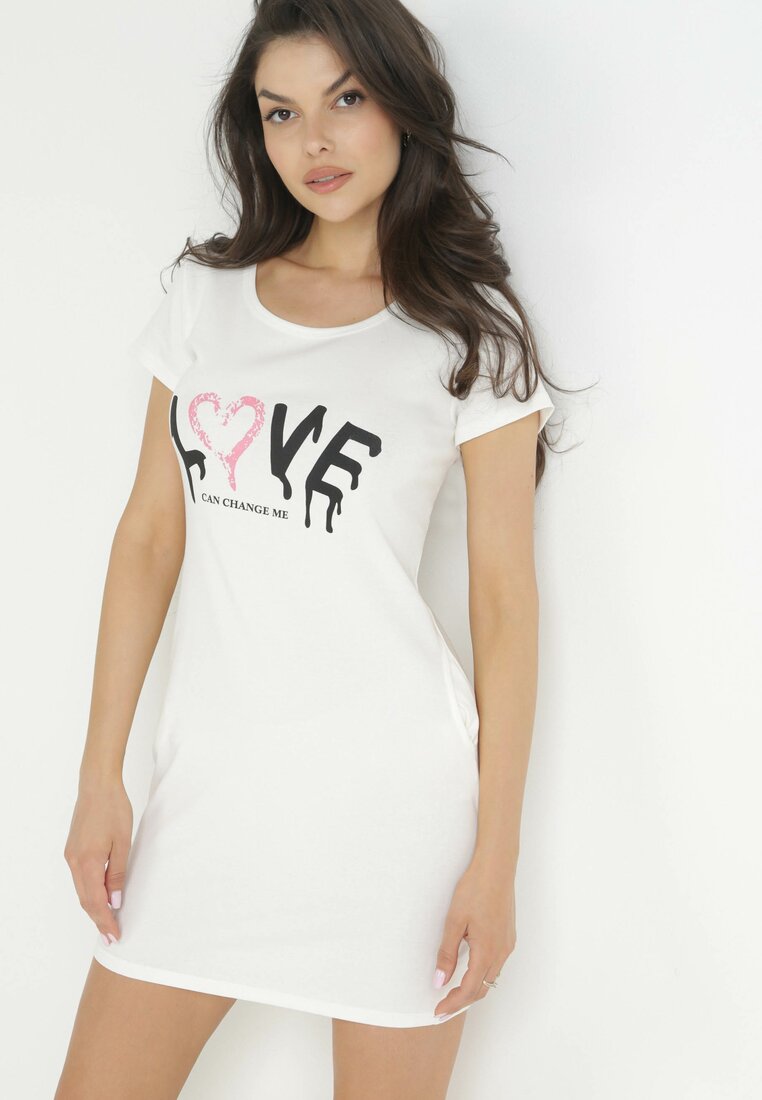Rochie tricou albă din bumbac cu imprimeu Avera