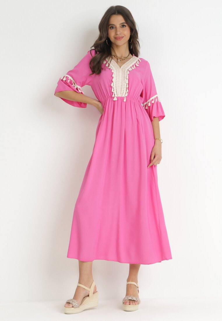 Rochie din viscoză Fucsia Maxi cu Decolteu Decorativ și Elastic în Talie Latava