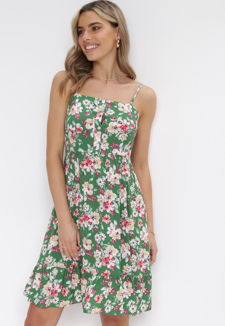 Rochie Verde cu bretele subțiri din viscoză cu flori Kimball