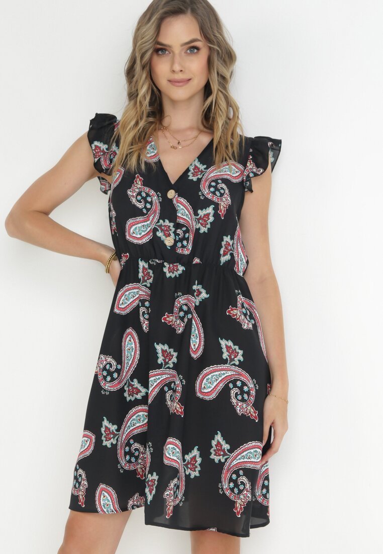 Rochie Evazată Neagră din Viscoză cu Imprimeu Paisley Marinetta