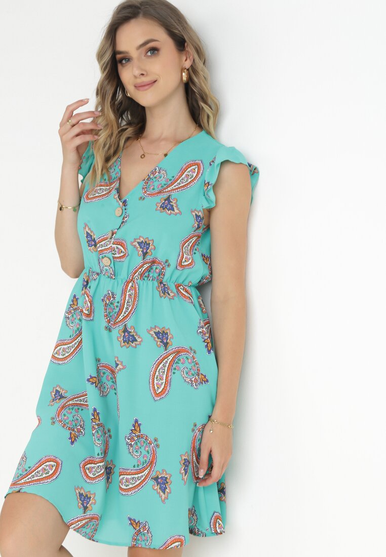 Rochie Evazată Mentă din Viscoză cu model Paisley Marinetta