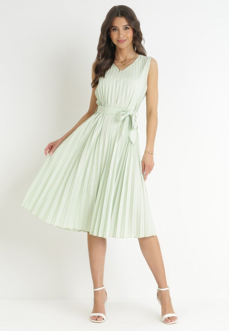 Rochie verde mentă plisată Midi cu bază evazată și curea din material textil Katinka