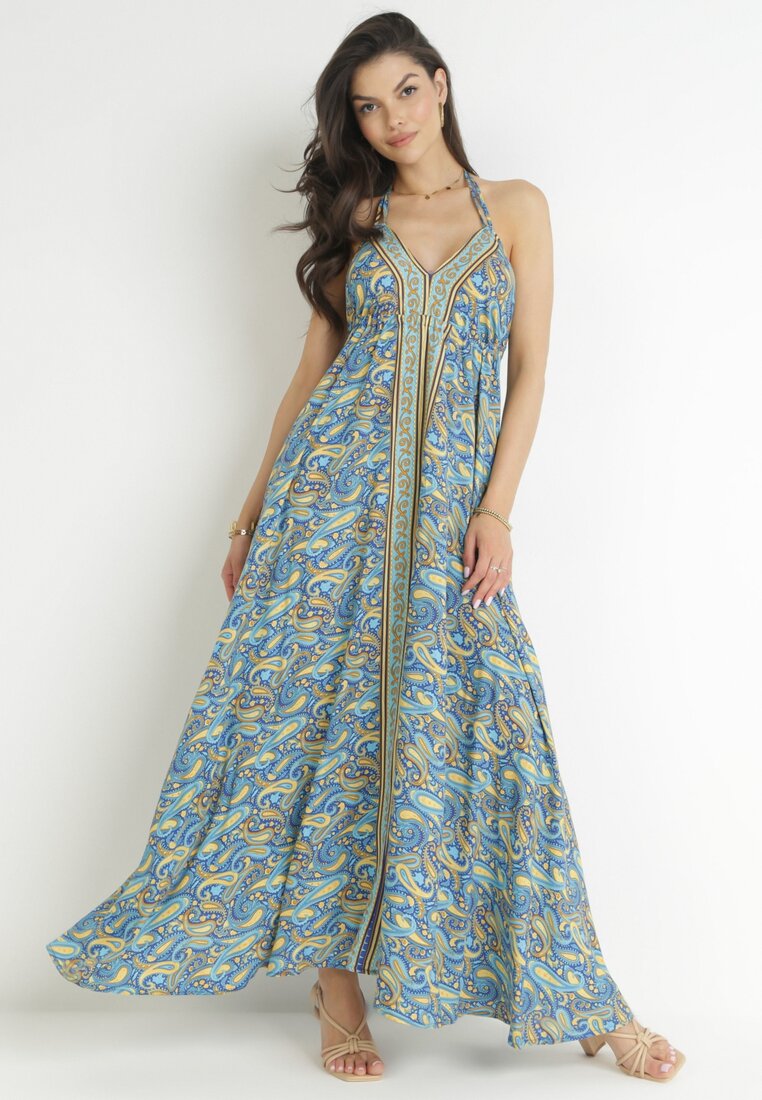 Rochie Albastră Vâscoză Maxi cu Legătură la Gât și Evazată la Bază Jeanine