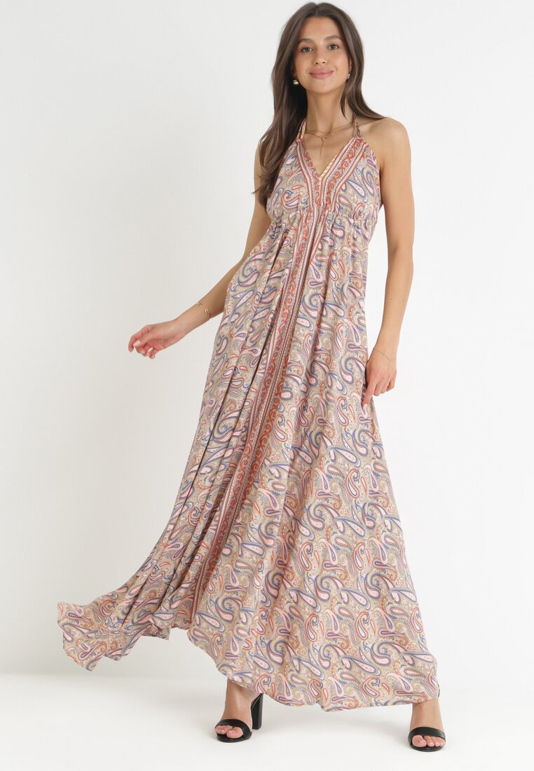 Rochie Bej de Viscoză Maxi cu Legătură la Gât și Fustă Evazată Jeanine