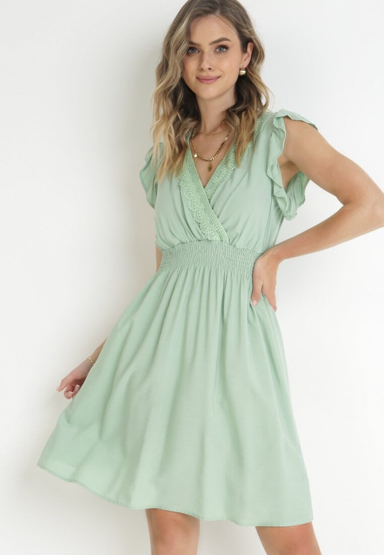 Rochie Mini Mentă din Viscoză cu Bandă de Dantelă și Elastic în Talie Susanji