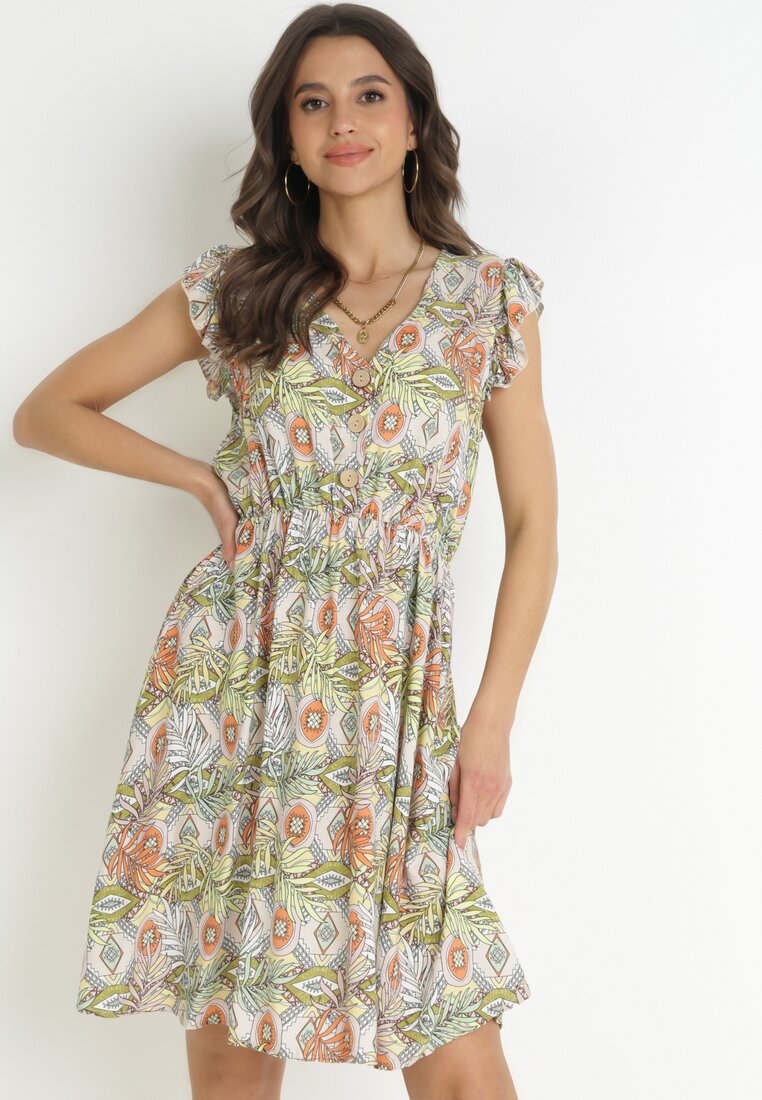 Rochie Verde-Bej din Viscoză cu Elastic în Talie și Volănașe la Umeri Siham