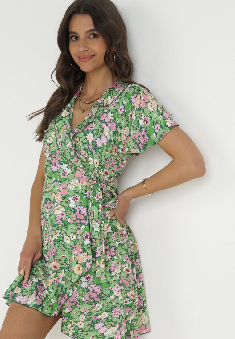 Rochie Mini Însfășurată Verde cu legătură în talie din viscoză Huette