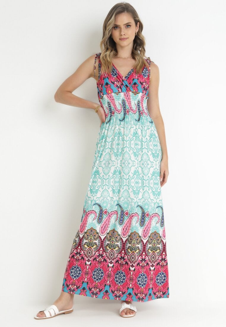 Rochie Ment-Roz cu elastic lat în talie cu model etno Caroli