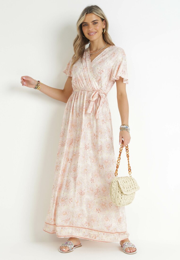 Rochie Bej deschis tip petrecut din Viscoză cu elastic în talie și model metalic Hollis