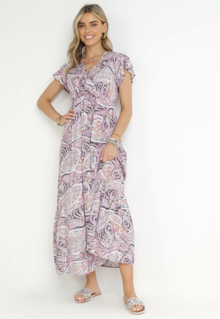 Rochie Violet din Viscoză cu Model Etnic cu Elastic în Talie Munira