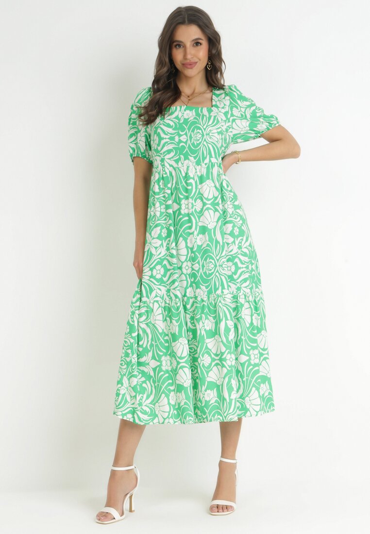 Rochie Verde deschis cu decolteu petrecut florală din viscoză Hedina