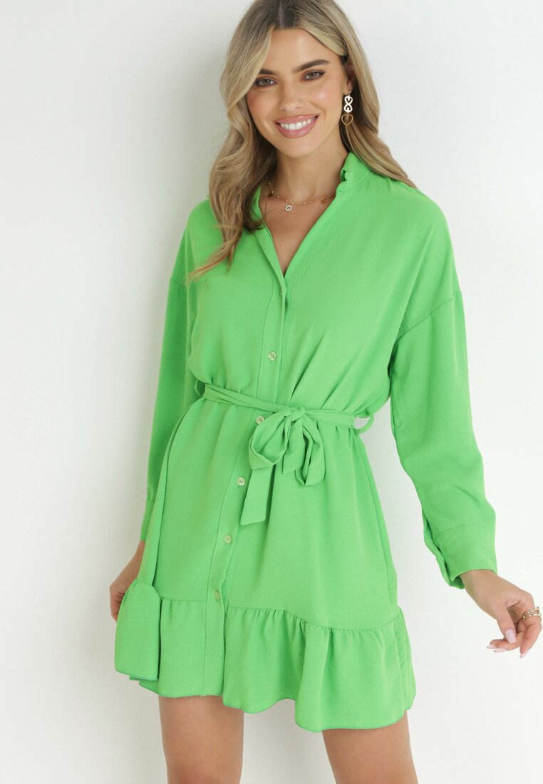 Rochie tip cămașă Verde cu Volănaș și Curea cu nod Fian