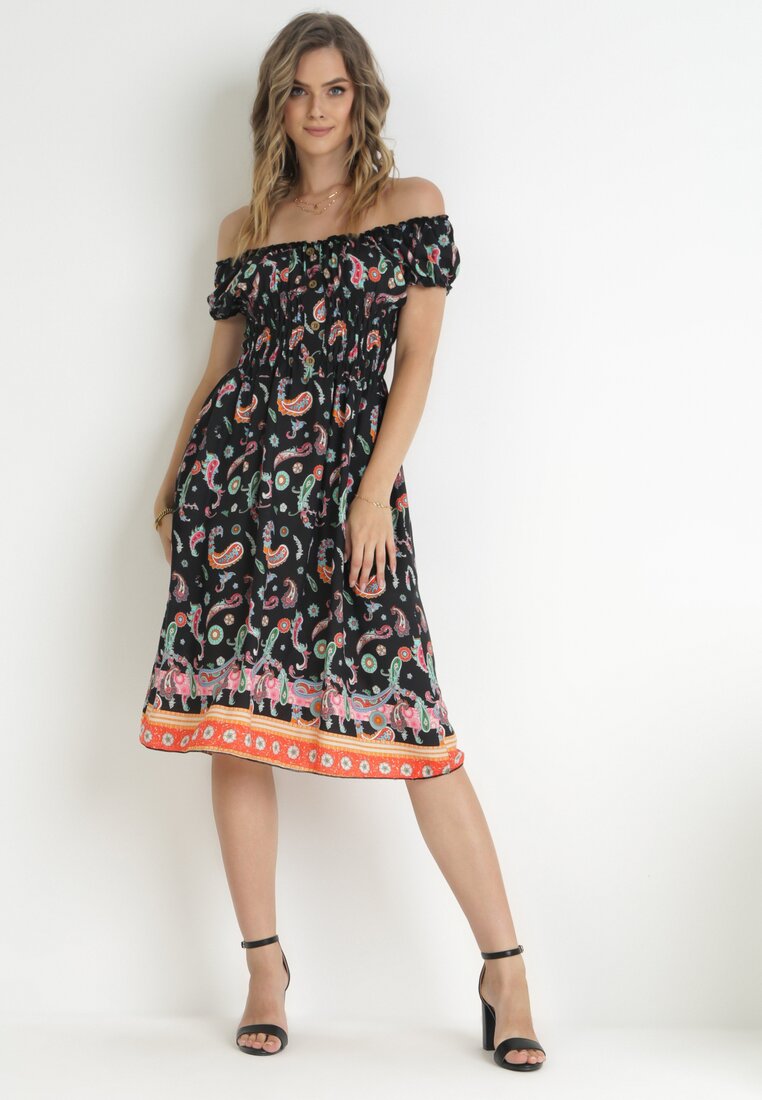 Rochie Neagră Cloș Din Bumbac Stil Spaniol Cu Model Paisley Dottia