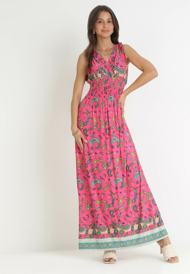 Rochie Maxi Roz cu Elastic în Talie și Decolteu Adânc cu Model Paisley Emmatta