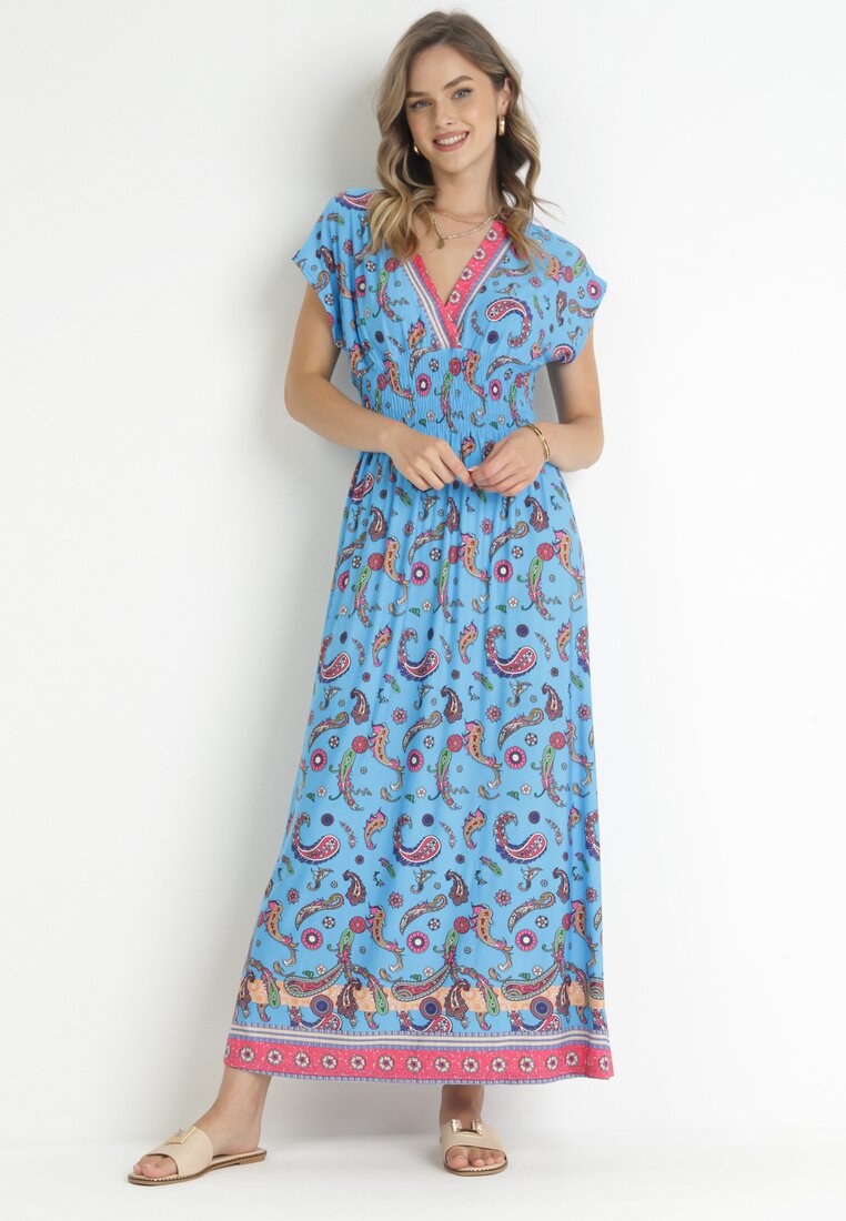 Rochie Petrecută Albastră Maxi cu Elastic în Talie cu Imprimeu Paisley Anitte