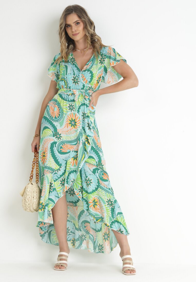 Rochie Maxi Verde din Bumbac cu Decolteu Petrecut și Curea din Material Nadalynn