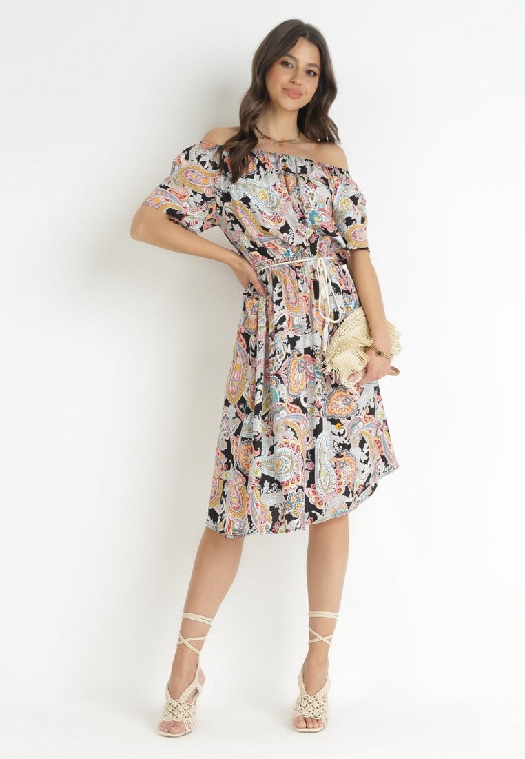 Rochie Bej-Neagră Din bumbac Stil spaniol Cu model Paisley Rosalita