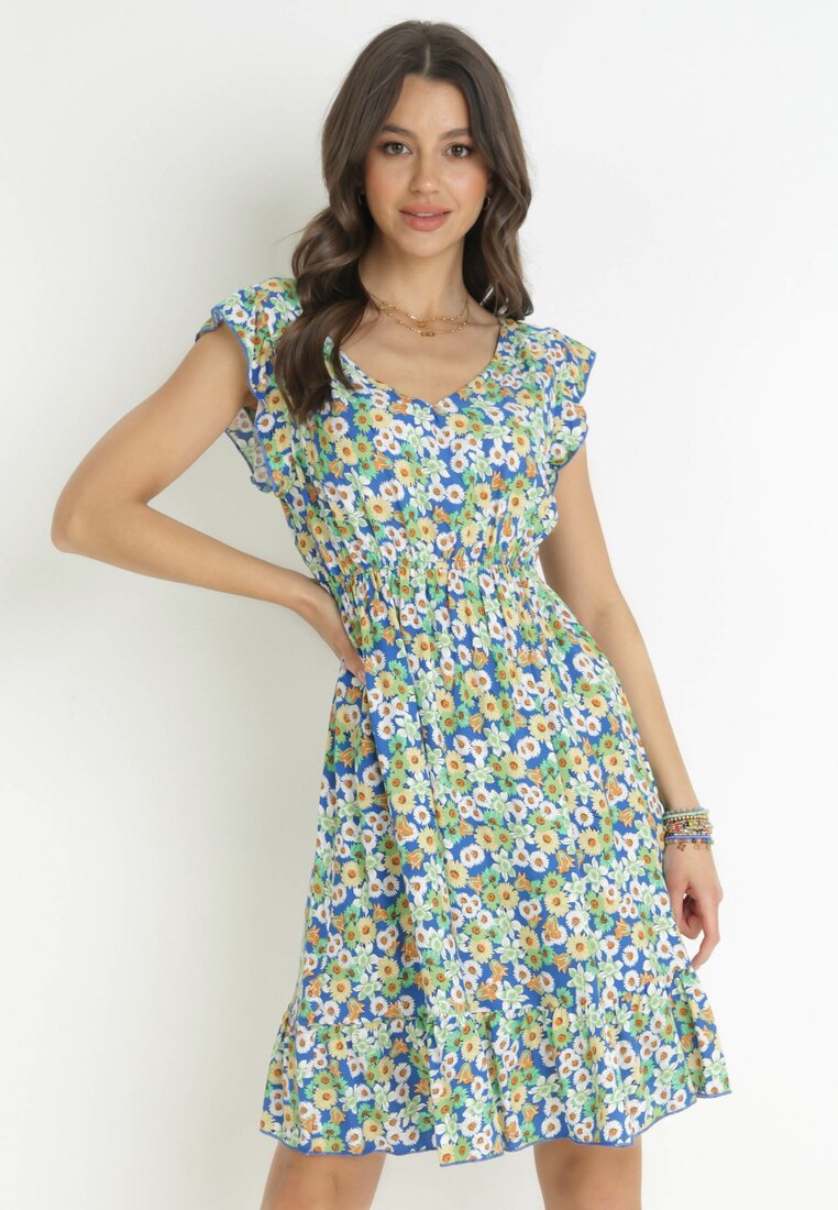 Rochie Mini Verde-Bleumarin cu Elastic în Talie și Volane din Bumbac Shelbin