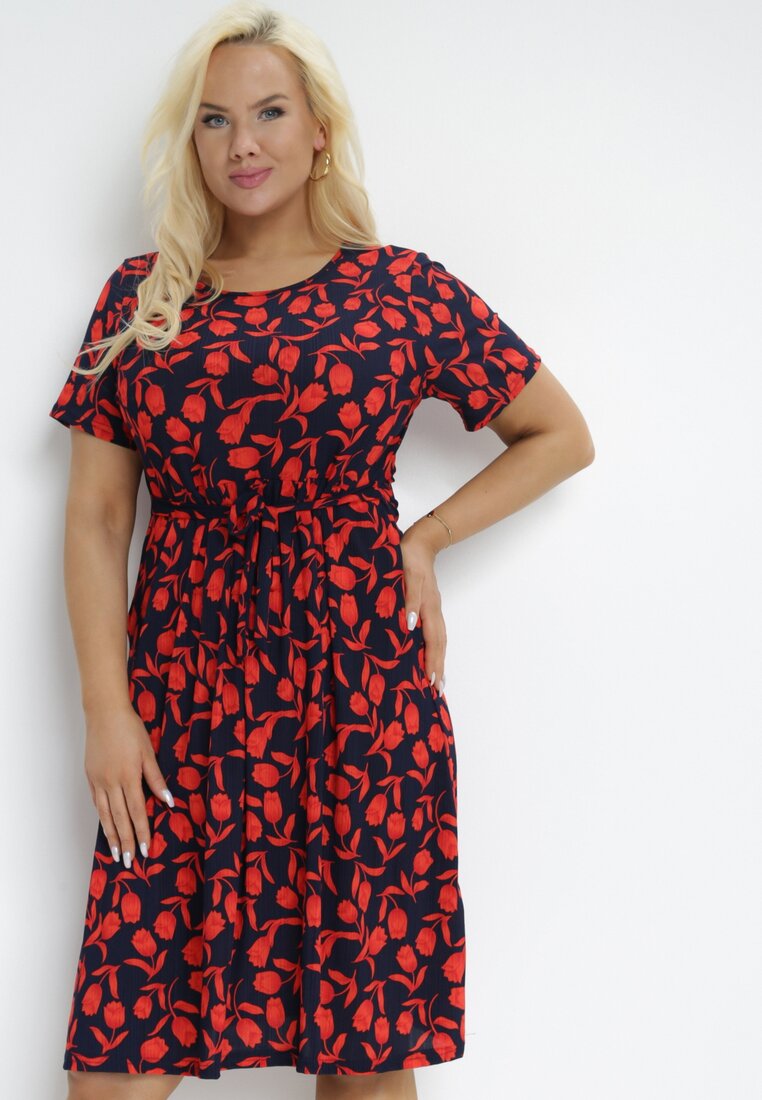 Rochie Midi Roșu-Bleumarin Floral, cu benzi textile și Mâneci Scurte Sealiva