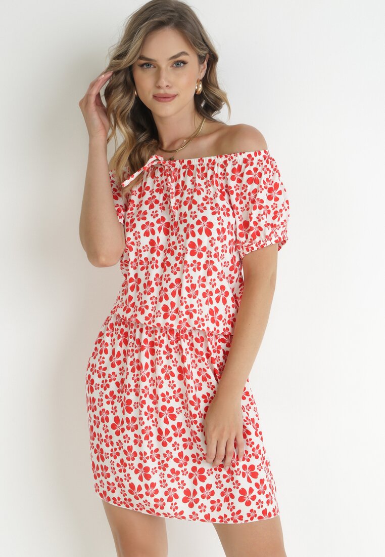 Rochie mini Roșie Cloș cu decolteu spaniol și elastic în talie din vâscoză Jassinta