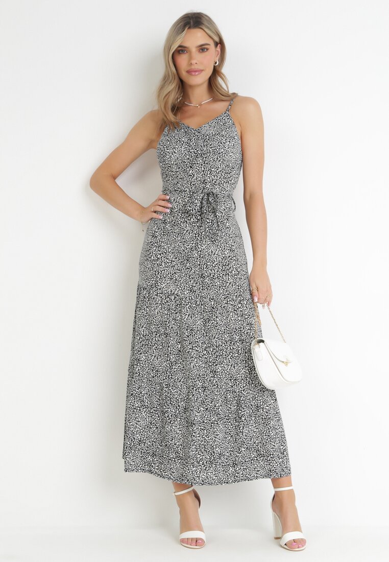 Rochie Neagră Maxi cu bretele subțiri cu volan cu imprimeu floral Jessili