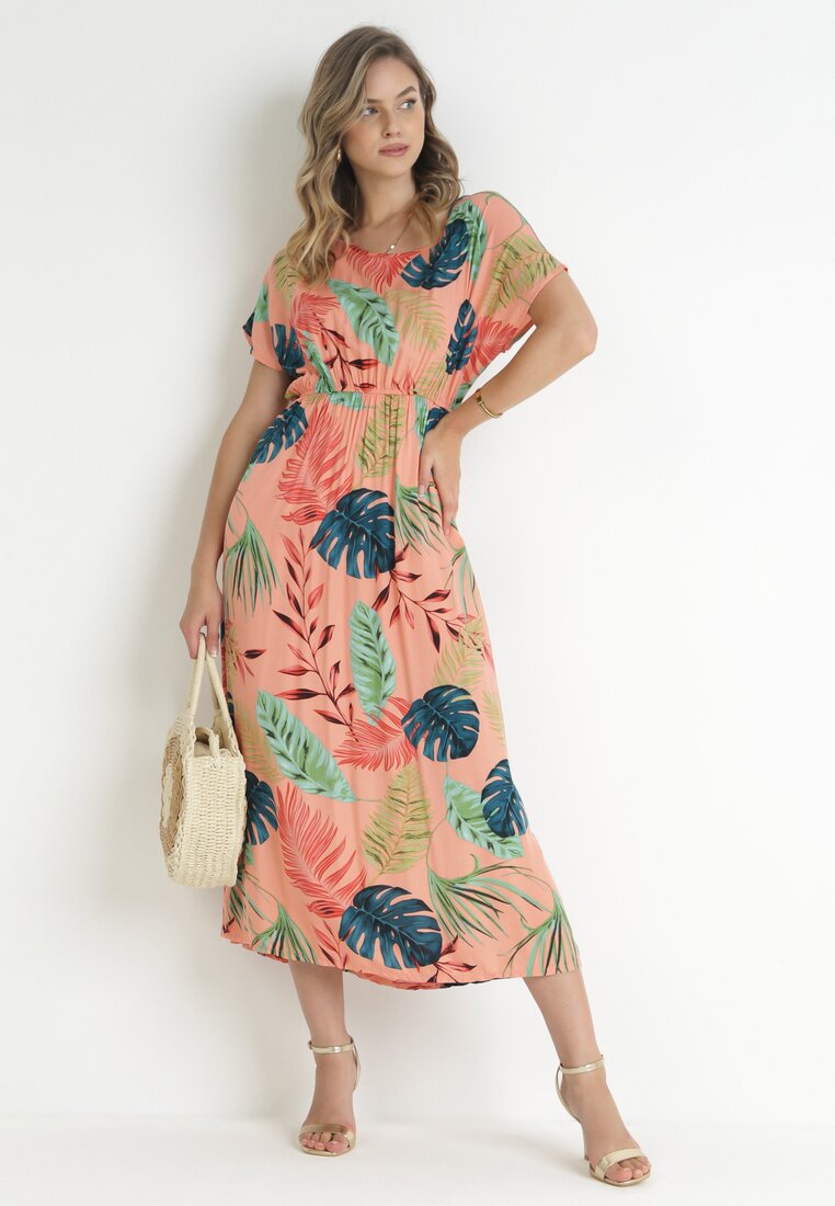 Rochie Roz Maxi din Viscoză cu Imprimeu Floral Jannatta