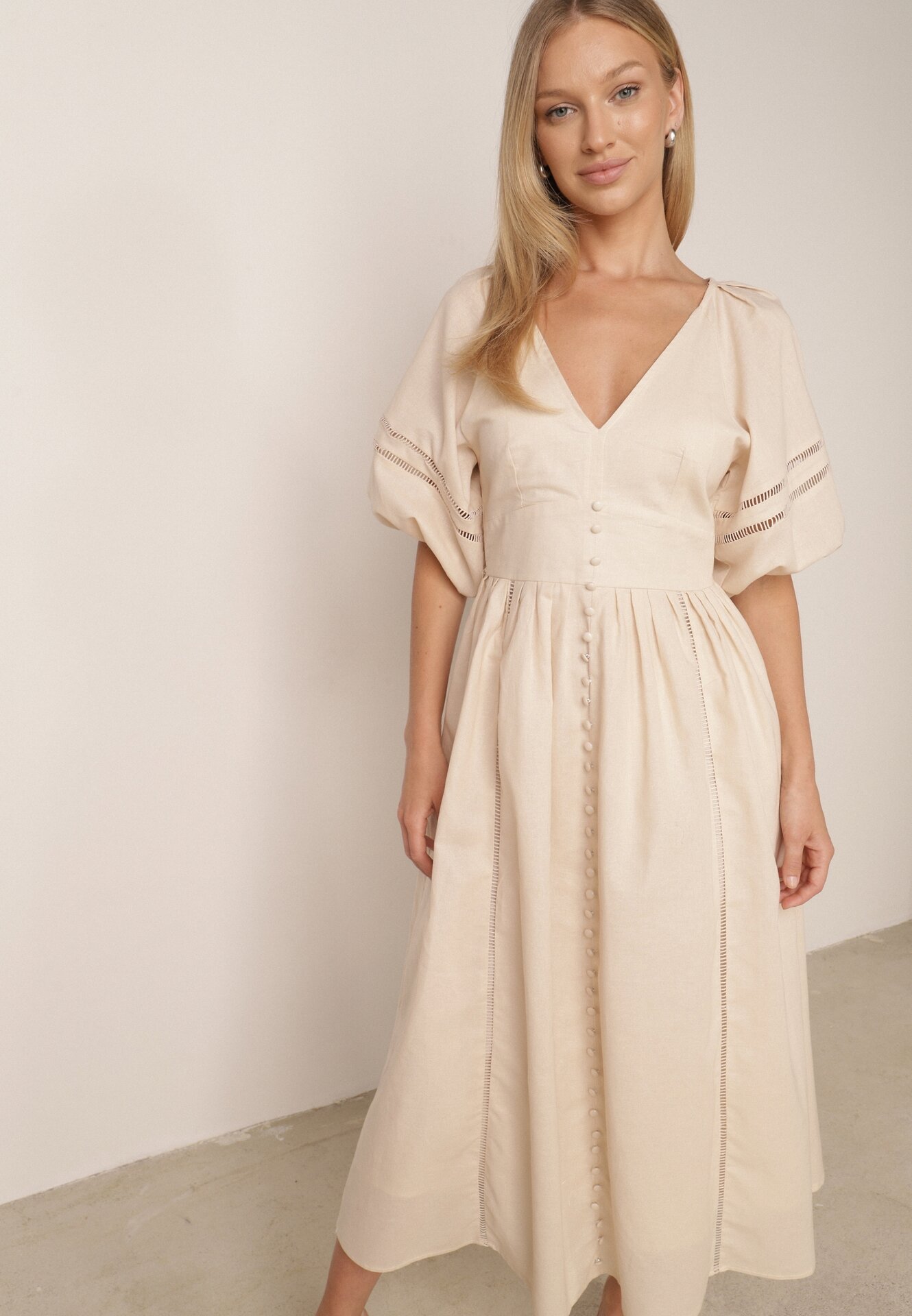 Rochie Bej Maxi din Bumbac și In cu Inserții Ajurate și Elastic în Talie Arada