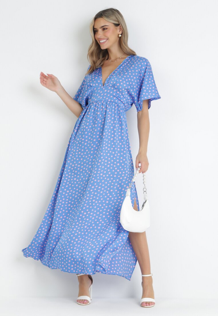 Rochie Albastră Maxi cu buline cu elastic în talie și cu șlițuri Crasses