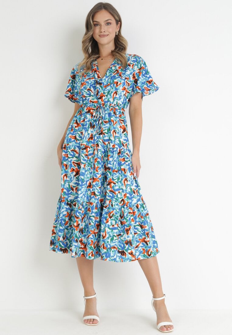 Rochie Midi Albastră Imprimată cu Mâneci Scurte și Volane Aysla